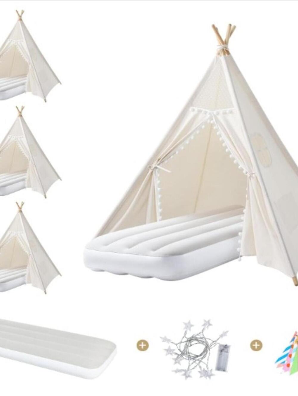 4 Pack Sleepover Party Tents-Natural-with Lights & Colorful Flags